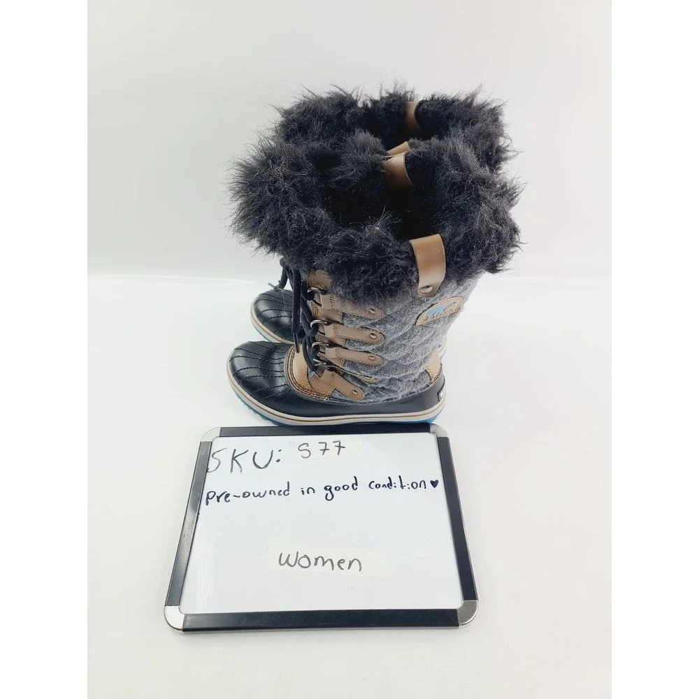 Sorel, Lace-up Round Toe Casual, Outdoor Snow Boots, Women, Size 6.5 Black/Gray.